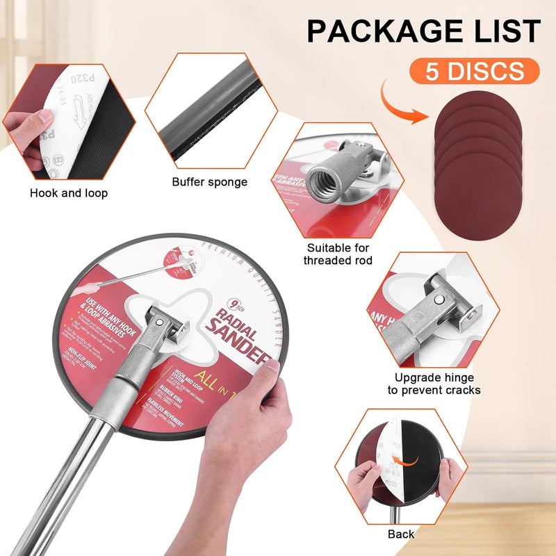 NigWarm Pole Sander for Drywall, 85 inch Drywall Sander With Extension Pole, Manual Hand Drywall Sander with Extension Pole for Painting Projects， 360 Circular Radial Sander + 5pcs Wall Sanding Discs - Image 4